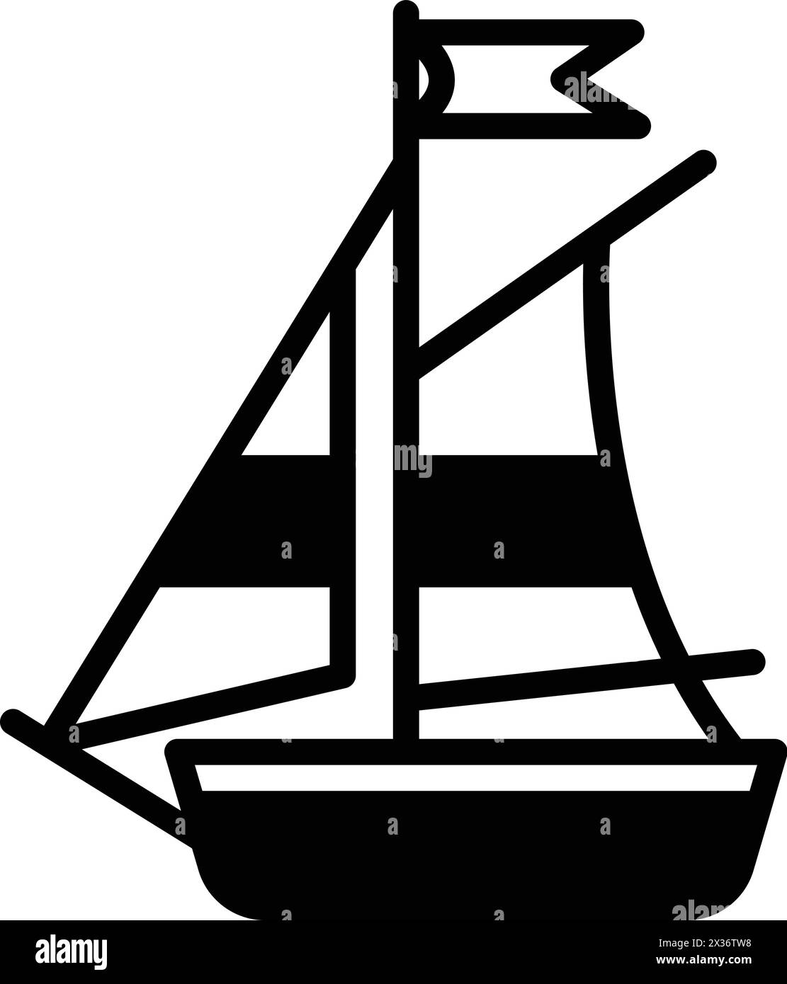 Un disegno in bianco e nero di una barca a vela. La barca è piccola e ha una bandiera in cima. L'imbarcazione è posizionata al centro dell'immagine Illustrazione Vettoriale