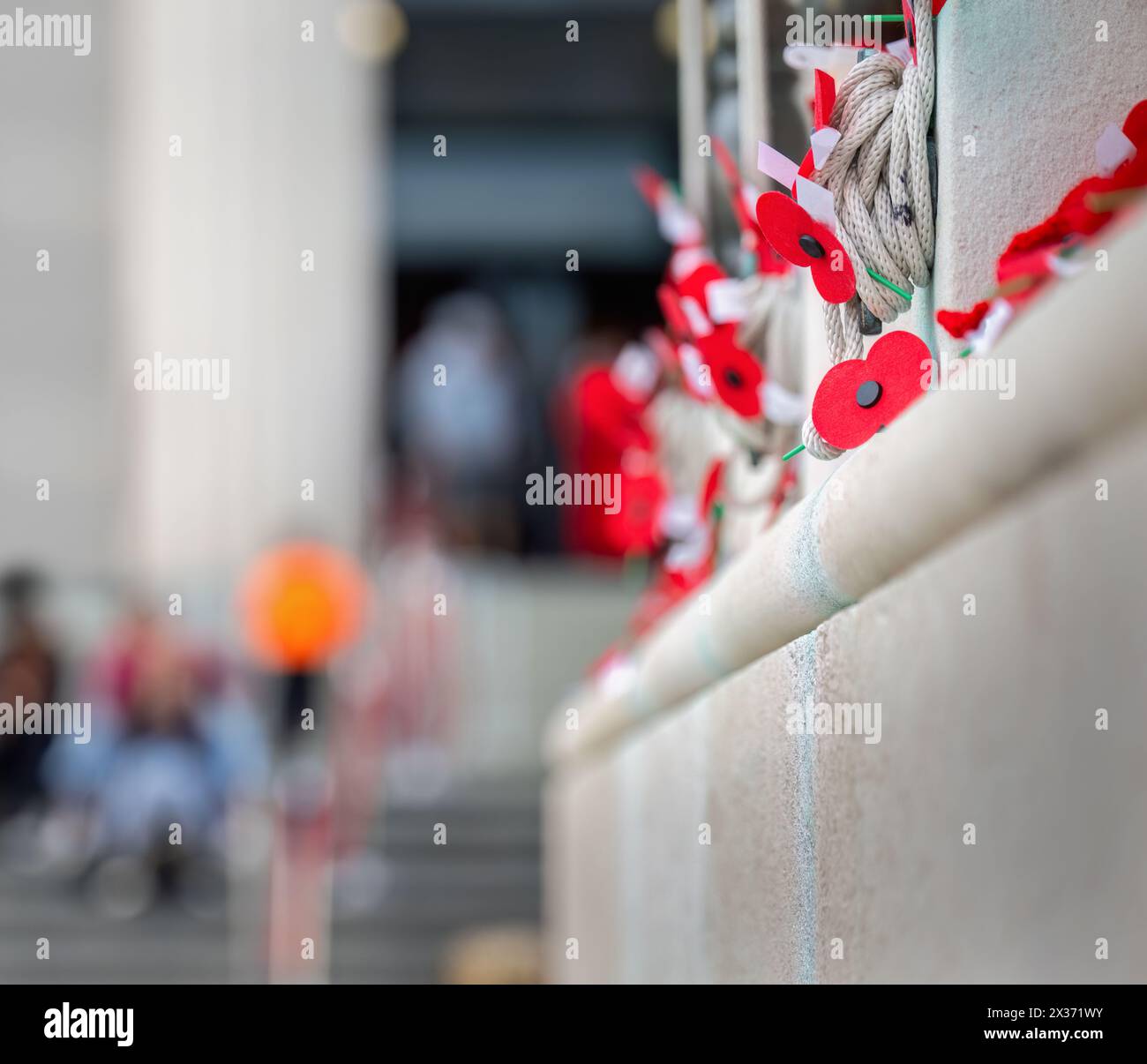 Papaveri rossi su un muro. Persone irriconoscibili che si riuniscono per la commemorazione dell'Anzac Day. Auckland. Nuova Zelanda. Foto Stock