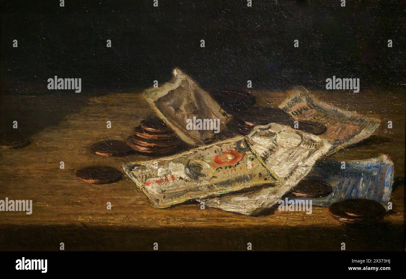 Moneta (banconote e monete di rame) di Francesco Paolo Palizz (1825-1871), olio su tela Foto Stock
