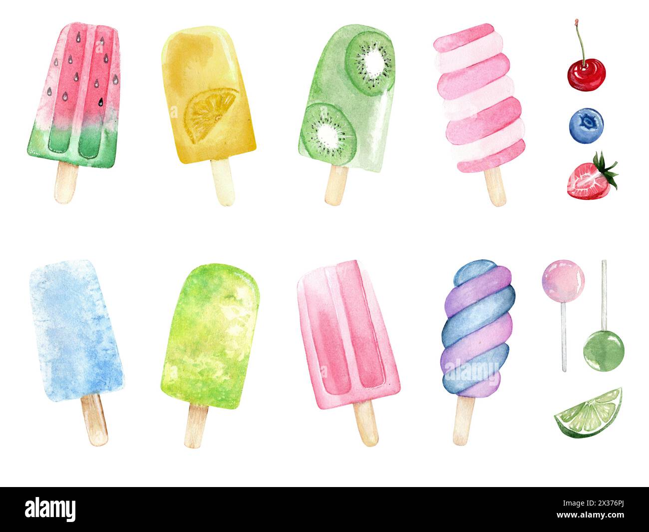 Delizioso gelato ad acquerello con frutta, lolypops e frutti di bosco. Illustrazione del cibo disegnata a mano Foto Stock