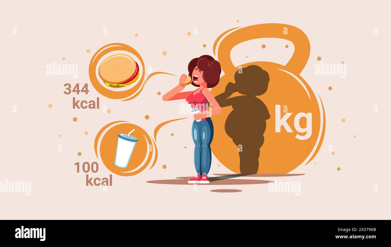 La donna mangia cibo spazzatura. Il cibo spazzatura porta ad un aumento di peso. Illustrazione Vettoriale