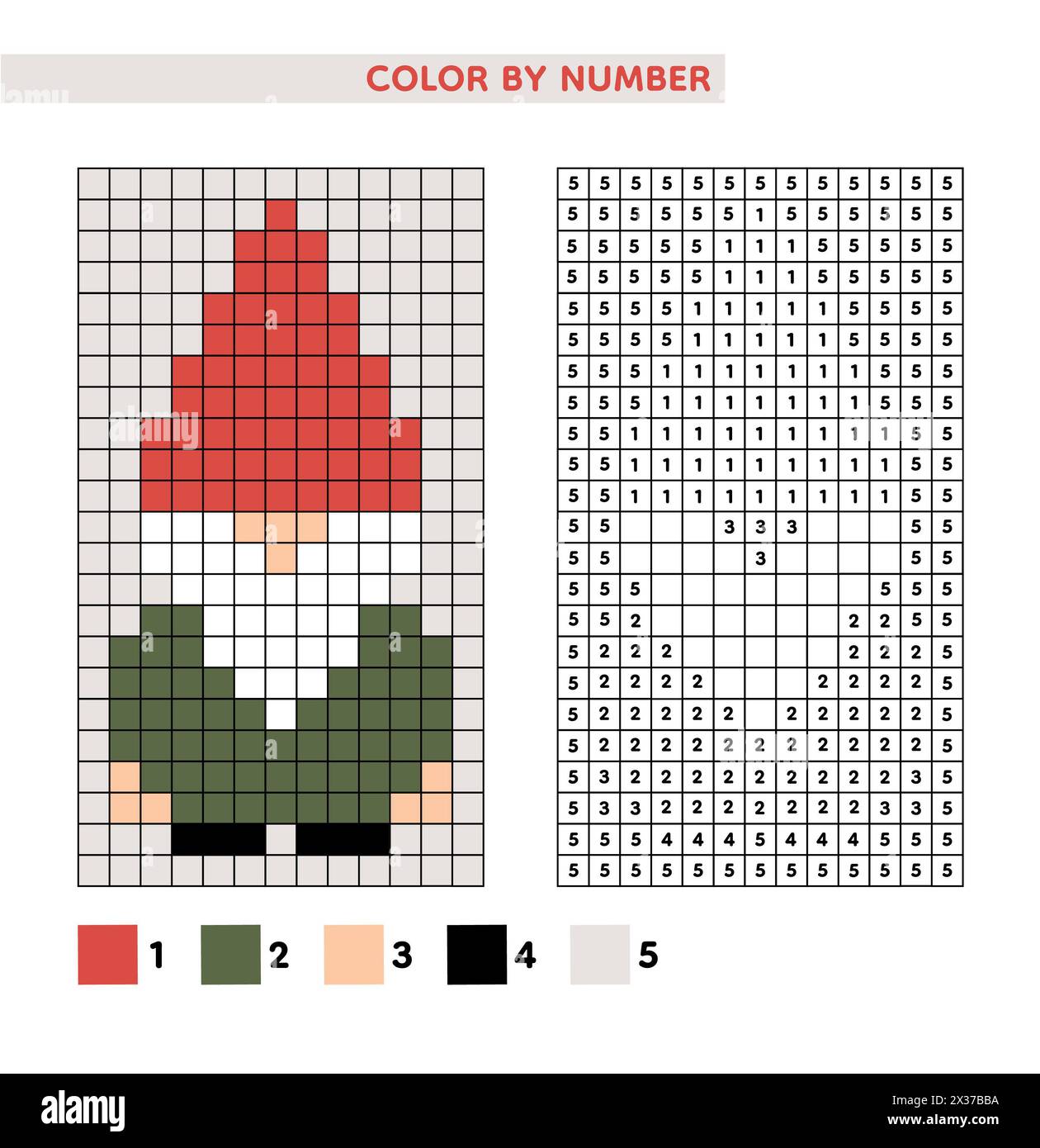 Nano, gnomo, leprecaun, libro da colorare degli elfi. Gioco educativo colore per numero per bambini. illustrazione vettoriale. Pixel art di Natale. Foto Stock