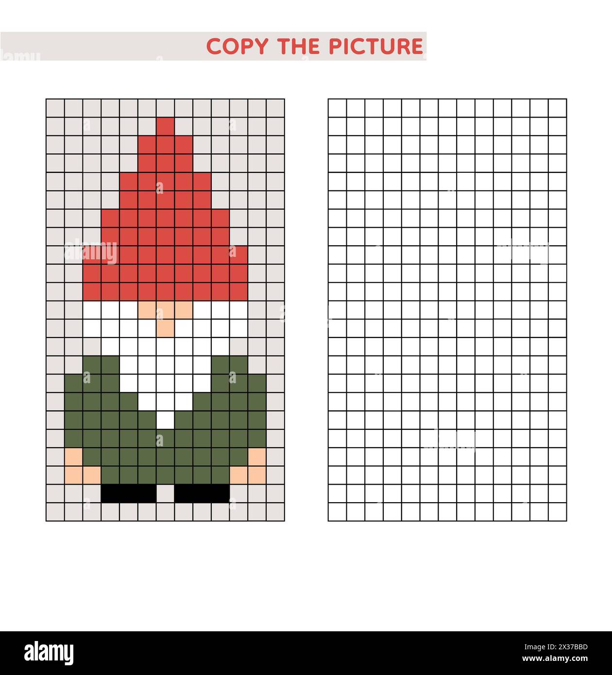 Nano, gnomo, leprecaun, elfo. Copiare l'immagine. Libro da colorare. Gioco educativo per bambini. Illustrazione vettoriale. Pixel art. Foto Stock