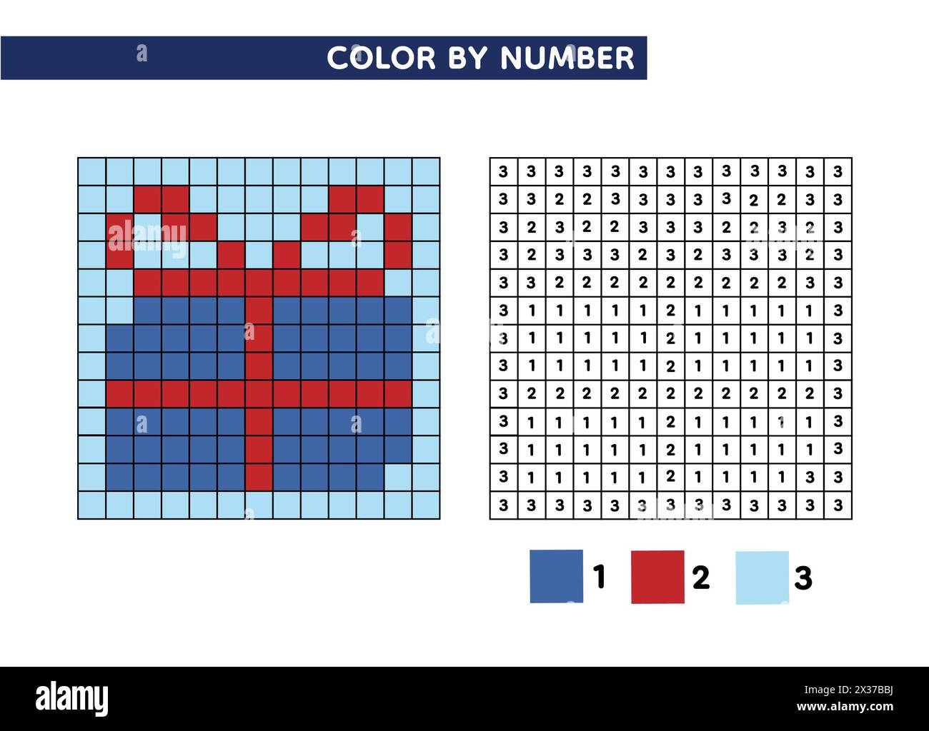 Regalo di Natale, libro da colorare. Gioco educativo colore per numero per bambini. Presentare l'illustrazione vettoriale. Pixel art. Foto Stock