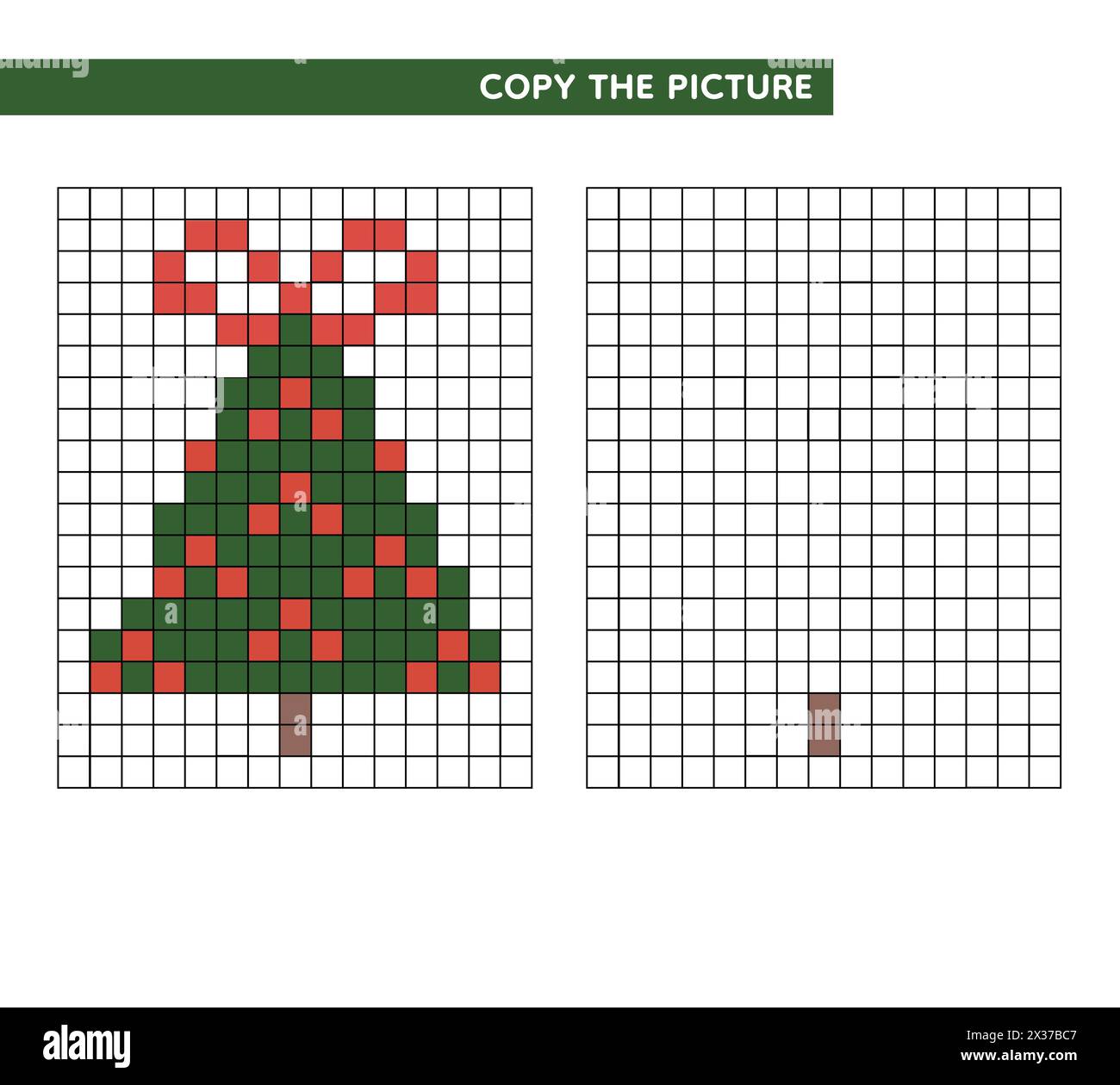 Libro da colorare. Albero di Natale con arco. Copia il gioco educativo per bambini. Illustrazione vettoriale. Pixel art di Natale. Foto Stock