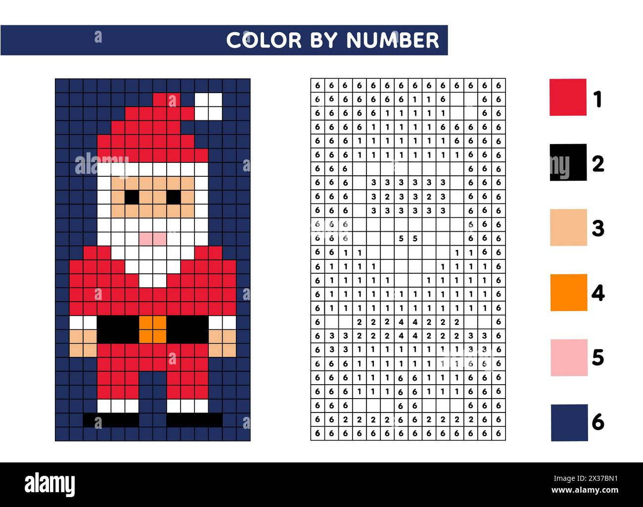 Libro da colorare di Babbo Natale. Gioco educativo colore per numero per bambini. illustrazione vettoriale. Pixel art di Natale. Foto Stock