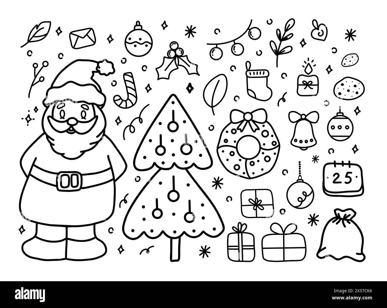 Set di elementi accoglienti per il Natale. Elementi vettoriali in stile doodle. Corona, candela, Babbo Natale, albero, canna da zucchero, biscotti, fiocco di neve, campana, confezione regalo. Foto Stock