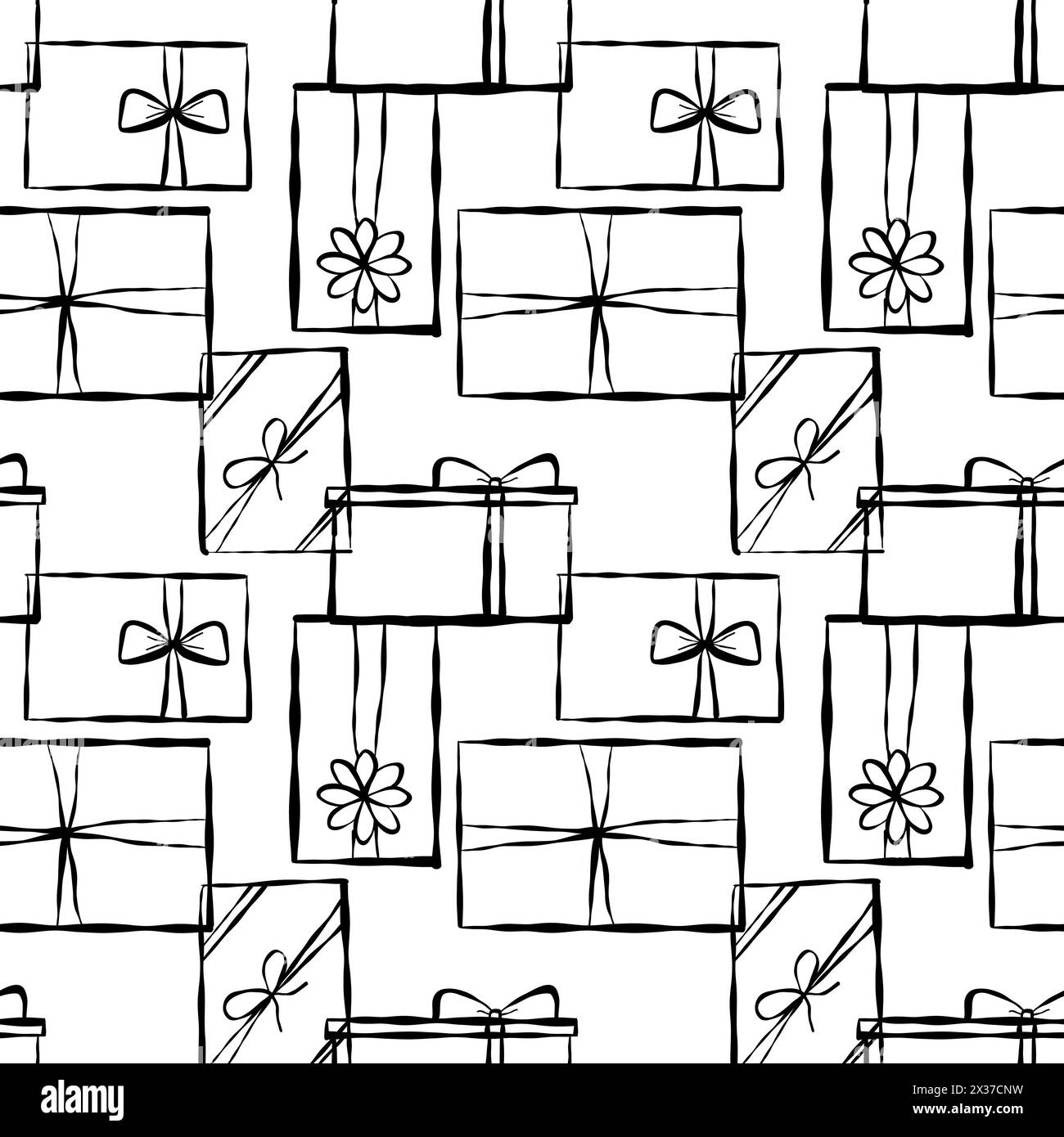 Fantasia senza cuciture per regali di Natale e compleanno diversi. Carta da imballaggio, fiocchi e nastri. Regalo di Natale, Capodanno o compleanno disegnato a mano Foto Stock