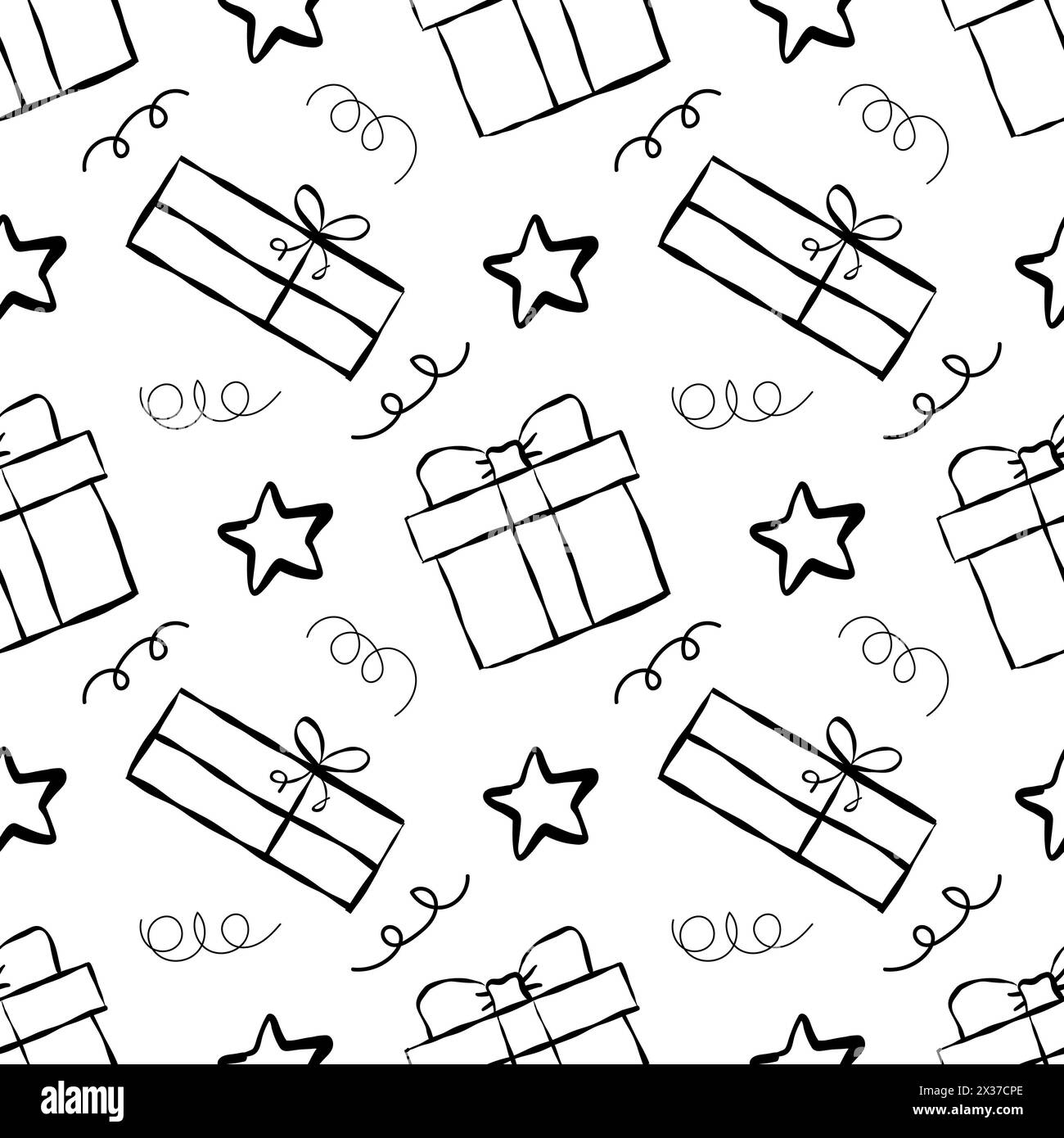 Fantasia senza cuciture per regali di Natale e compleanno diversi. Carta da imballaggio, fiocchi e nastri. Regalo di Natale, Capodanno o compleanno disegnato a mano Foto Stock