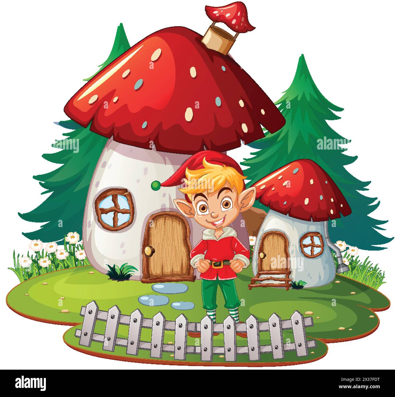 Allegro elfo fuori dalla sua stravagante casa di funghi Illustrazione Vettoriale