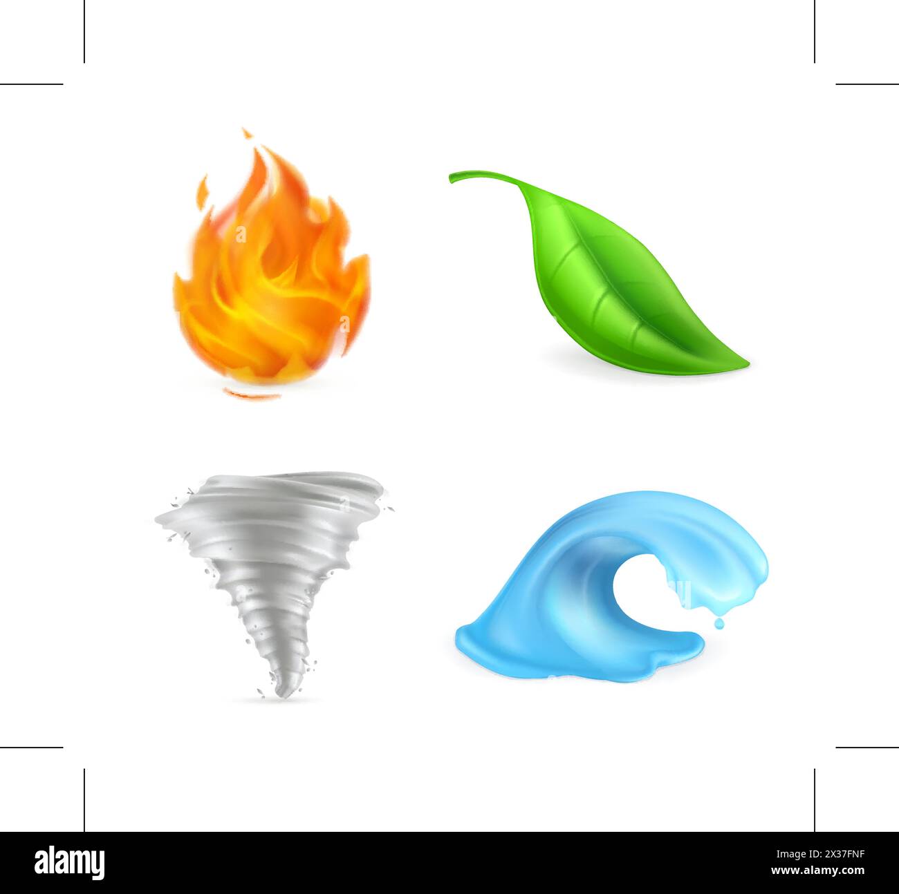 Elementi naturali, fuoco, fiamma, foglia verde, tornado, uragano, tempesta, onda, ambiente, icone vettoriali Illustrazione Vettoriale