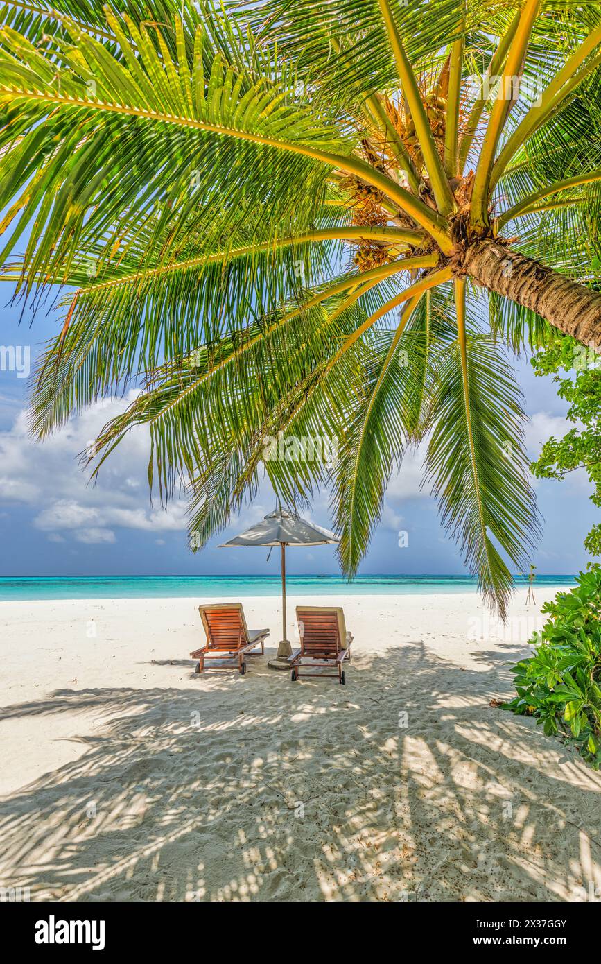 Bellissimo cielo panoramico di sabbia marina. Spiaggia tropicale rilassante, soleggiato paesaggio estivo dell'isola. Amore coppia sedie ombrello palma lascia romantica costa. Lusso Foto Stock