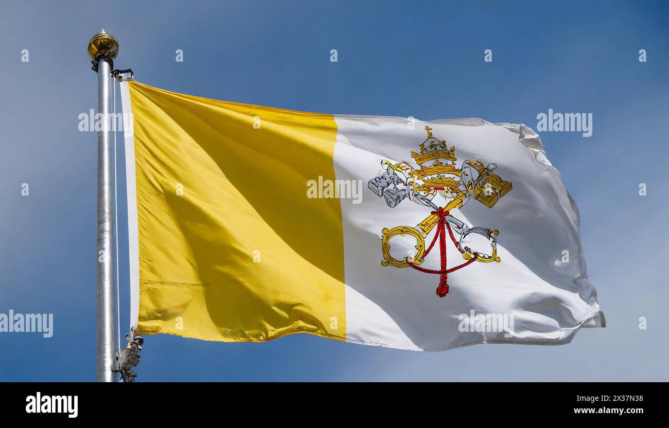 Fahnen, Die Nationalfahne von Vatikan, Vatikanstaat flattert im Wind Foto Stock