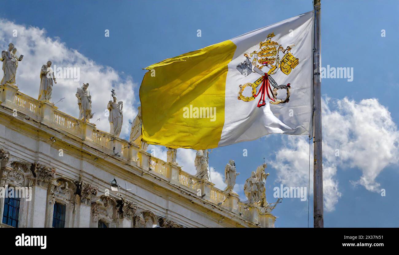 Fahnen, Die Nationalfahne von Vatikan, Vatikanstaat flattert im Wind Foto Stock