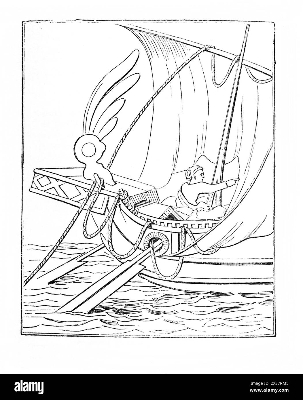 Incisione in legno di una nave a vela romana con remi da un dipinto a Pompei nella Bibbia di famiglia illustrata del XIX secolo Foto Stock