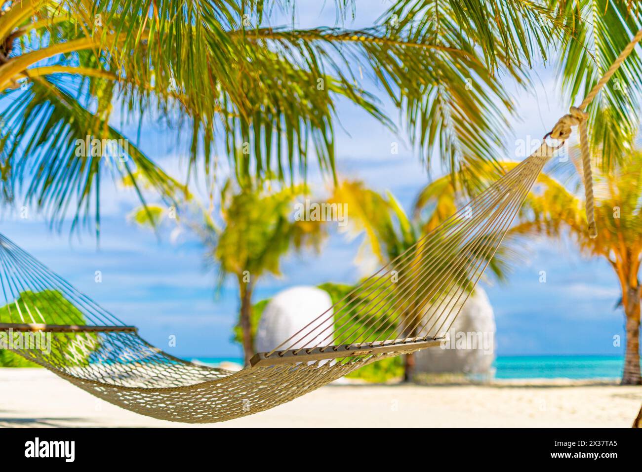 Spiaggia tranquilla e rilassante con il paesaggio estivo dell'isola con altalena o amaca sulla palma, cielo marino tropicale e soleggiato. Una splendida vacanza panoramica sulla spiaggia Foto Stock