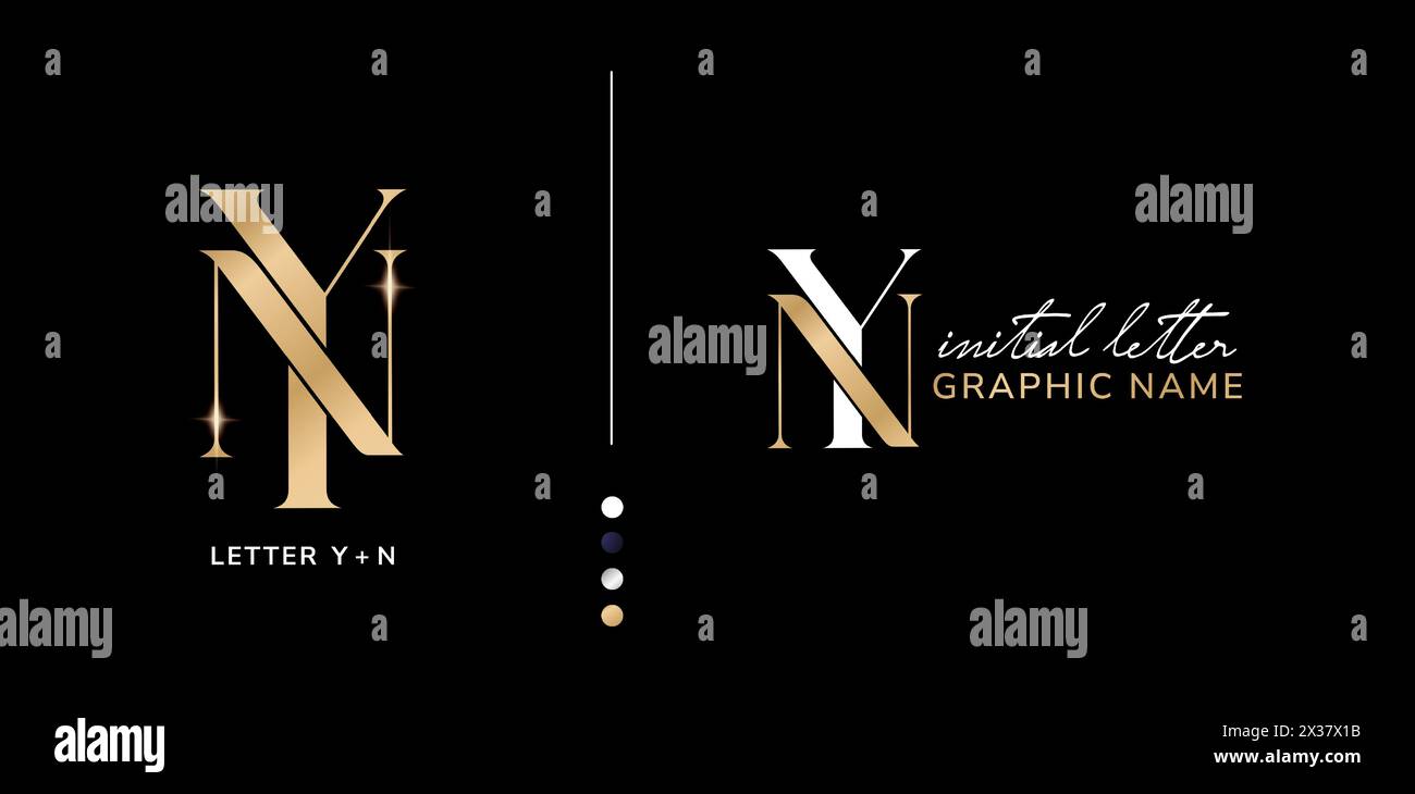 Elegante logo con lettera iniziale di lusso YN o NY sfondi neri isolati per insegne aziendali, campagne pubblicitarie di branding, stampa letteraria Illustrazione Vettoriale