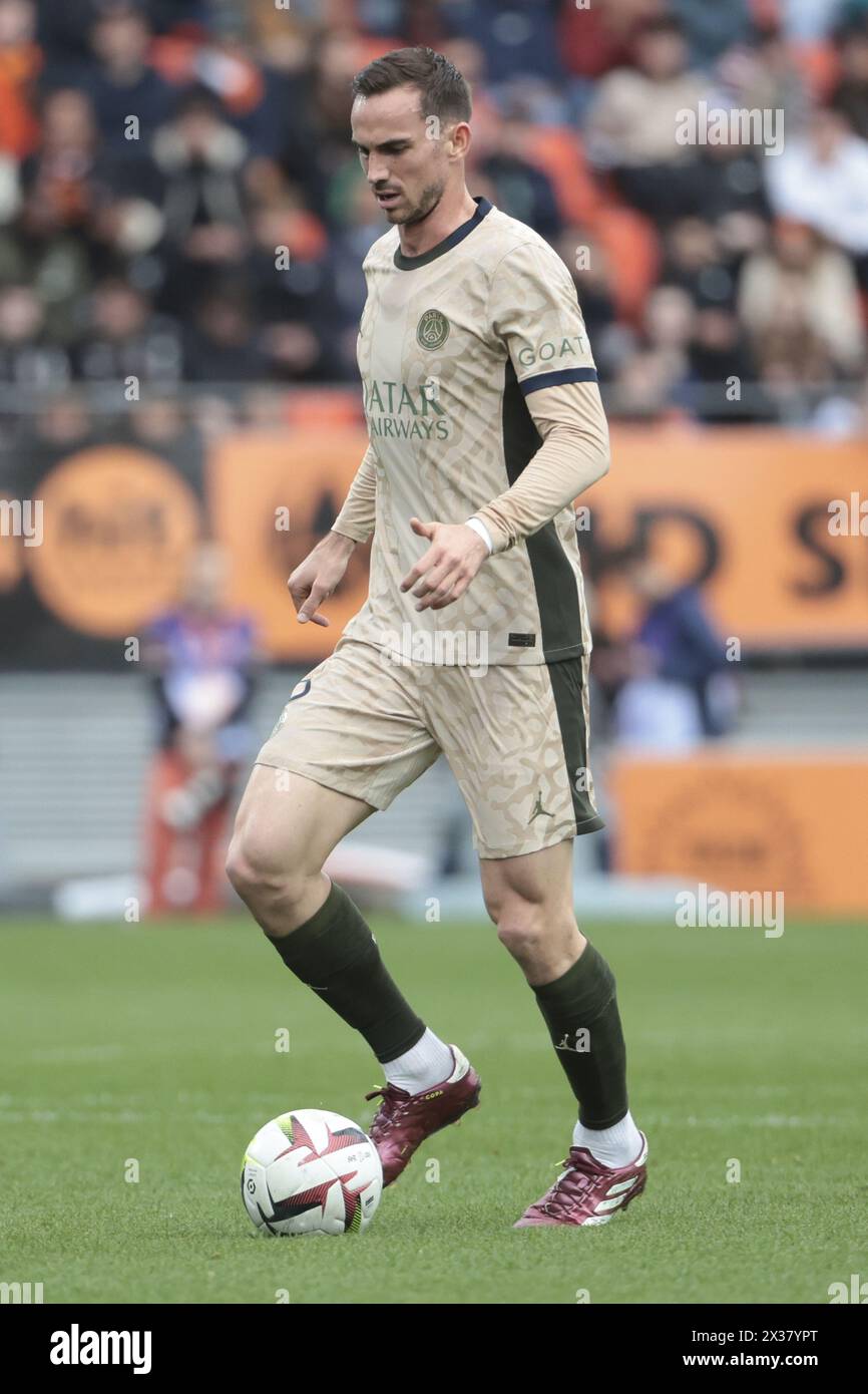 Fabian Ruiz pena del PSG durante la partita del campionato francese di Ligue 1 tra FC Lorient e Paris Saint-Germain (PSG) il 24 aprile 2024 allo Stade du Moustoir di Lorient, in Francia Foto Stock