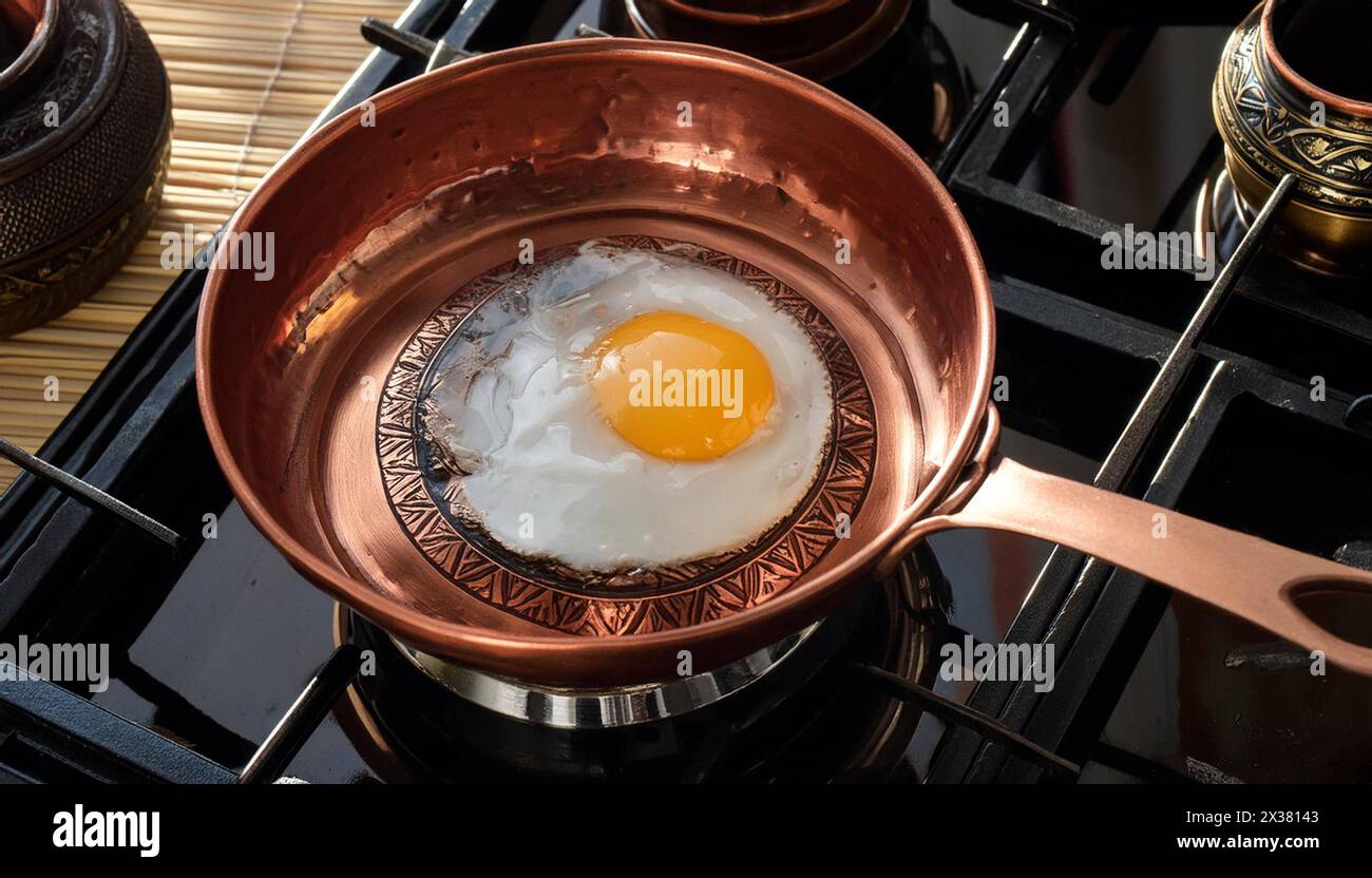 Metall, Kupfer, in einer Kupferpfanne wird ein Spiegelei gebraten Foto Stock