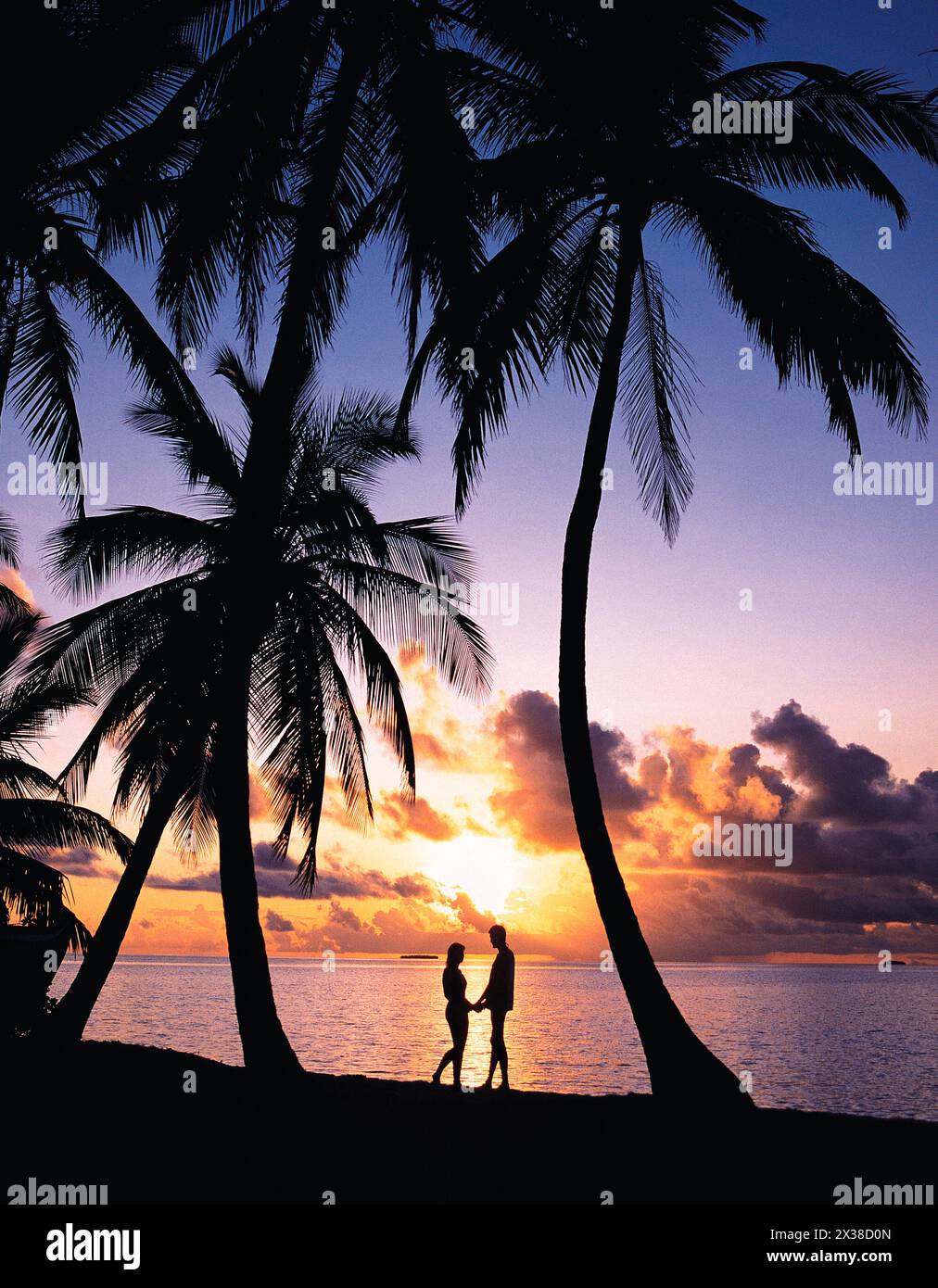 Maldive. Silhouette tropicale al tramonto di una giovane coppia romantica sotto le palme da cocco. Foto Stock