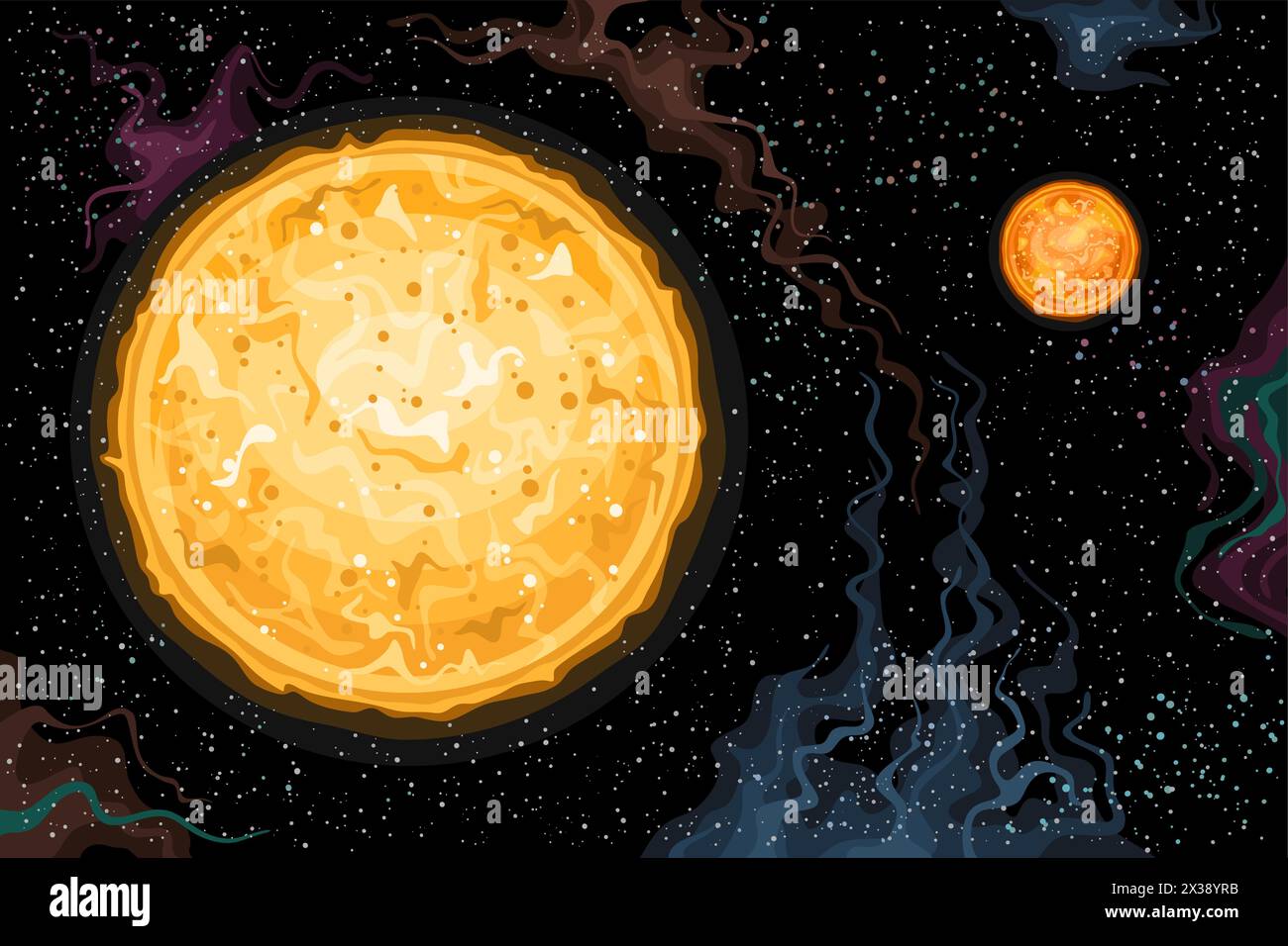 Vector Fantasy Space Card, poster astronomico orizzontale con illustrazione del sistema binario a stelle costituito da due nane rosse marroni nello spazio profondo, d Illustrazione Vettoriale