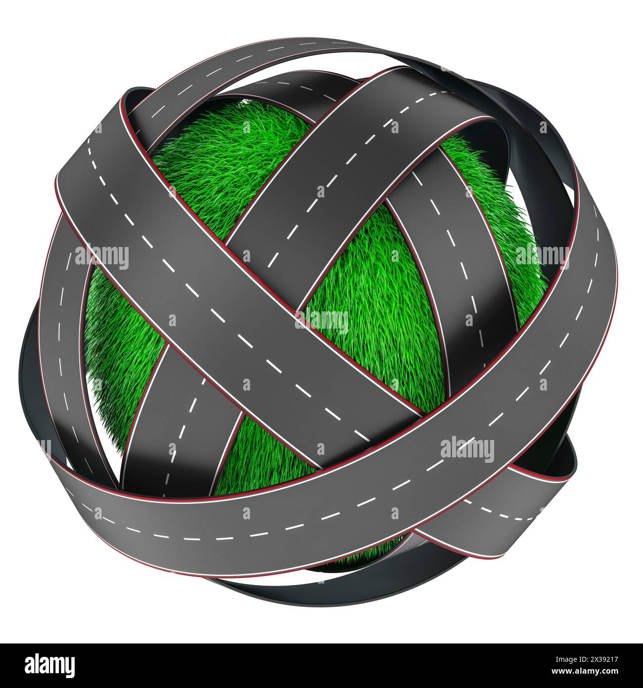 Le strade si annodano con la palla di erba, concetto ecologico. Rendering 3D isolato su sfondo bianco Foto Stock