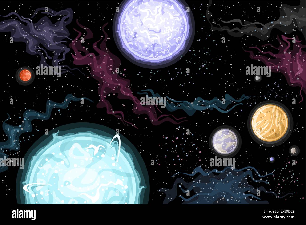Vector Fantasy Space, poster astronomico orizzontale con design dei cartoni animati sistema stellare binario più luminoso con pianeti nello spazio profondo, futuristi decorativo Illustrazione Vettoriale