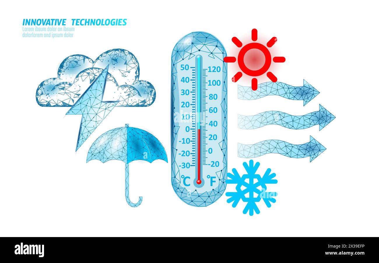 Elementi 3D meteo. Interfaccia utente banner di previsione app mobile con ombrellone antipioggia termometro simboli vento. Illustrazione del vettore poly scuro basso Illustrazione Vettoriale