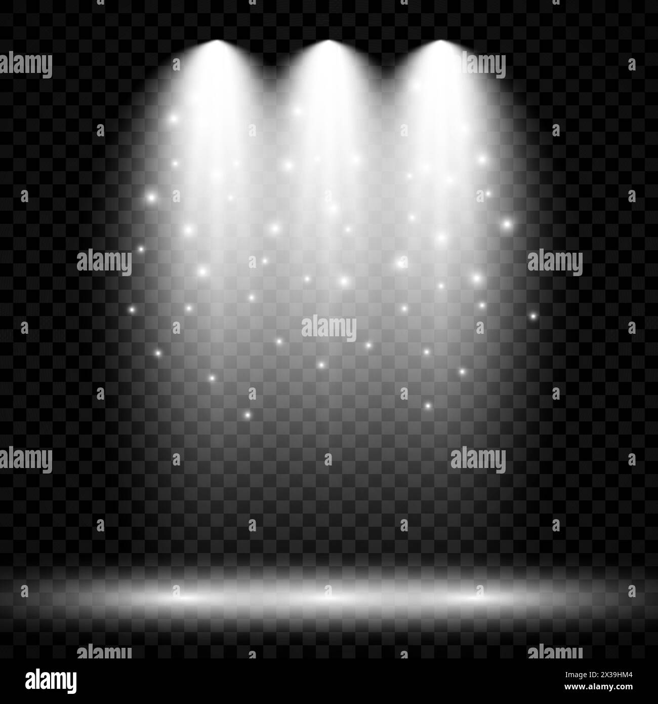 Luce bianca fredda con tre faretti. Effetti di illuminazione della scenografia su uno sfondo scuro trasparente. Illustrazione vettoriale Illustrazione Vettoriale