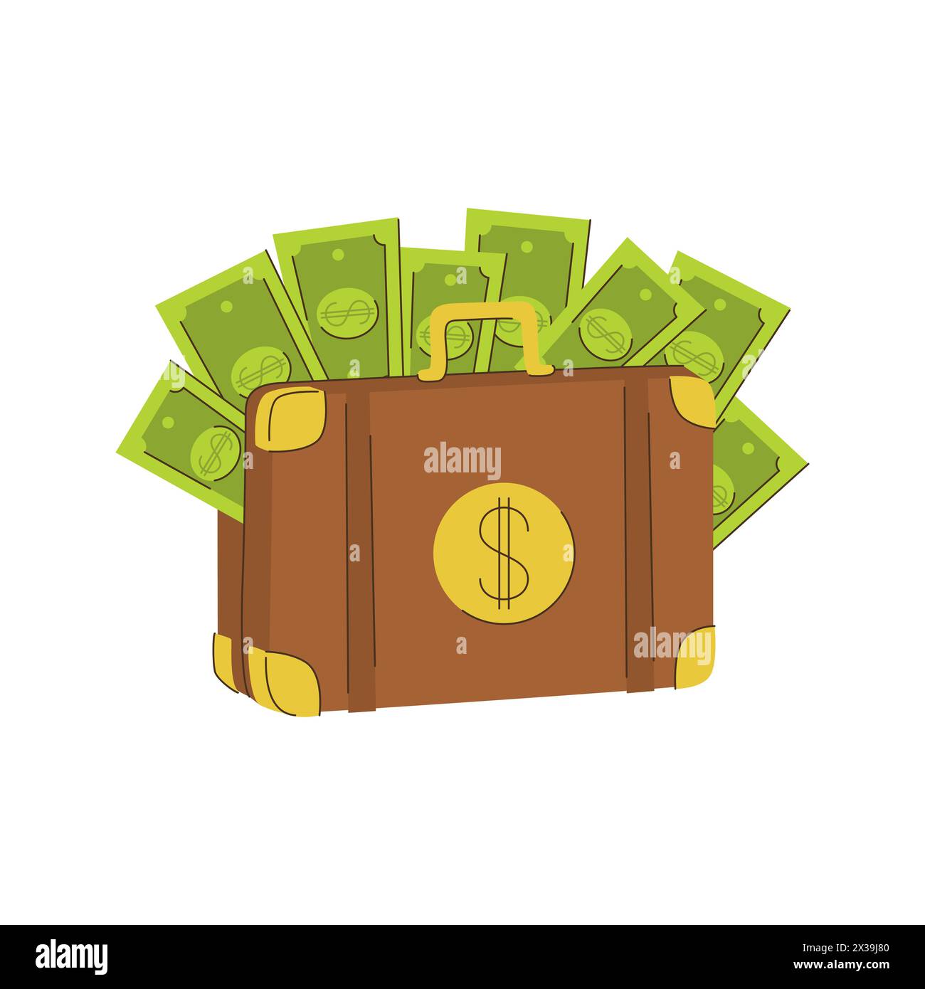 Una valigia piena di soldi. Valigia marrone con il simbolo del dollaro. dollari di carta che escono da una valigia. Un simbolo di investimento, ricchezza, prosperità Illustrazione Vettoriale