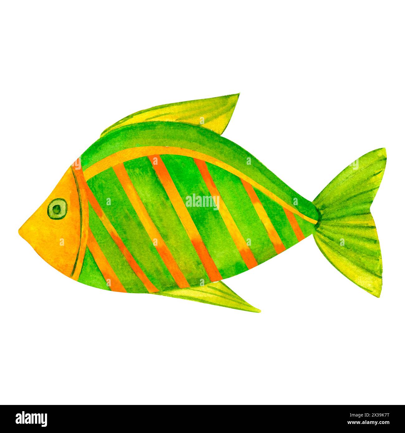 Divertente pesce verde e giallo, animale marino sottomarino, clip art con illustrazione ad acquerello in stile oceano per bambini, per decorare la stanza dei bambini, la scuola, Foto Stock