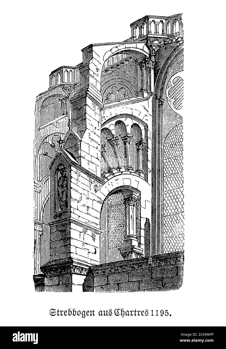 Il contrafforto volante della cattedrale di Chartres è un esempio di architettura gotica, progettato per sostenere le alte pareti della cattedrale e consentire finestre più grandi e più luce. Situato a Chartres, in Francia, questo elemento architettonico è funzionale ed esteticamente suggestivo, caratterizzato dal suo design ad arco che si estende dalla struttura principale ad un molo. I contrafforti sono fondamentali non solo per l'integrità strutturale, ma anche splendidamente decorati, spesso caratterizzati da intricate incisioni e statue che esaltano l'aspetto maestoso della cattedrale Foto Stock