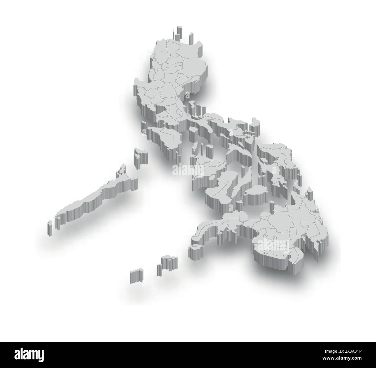 Mappa bianca 3d delle Filippine con regioni isolate su sfondo bianco Illustrazione Vettoriale