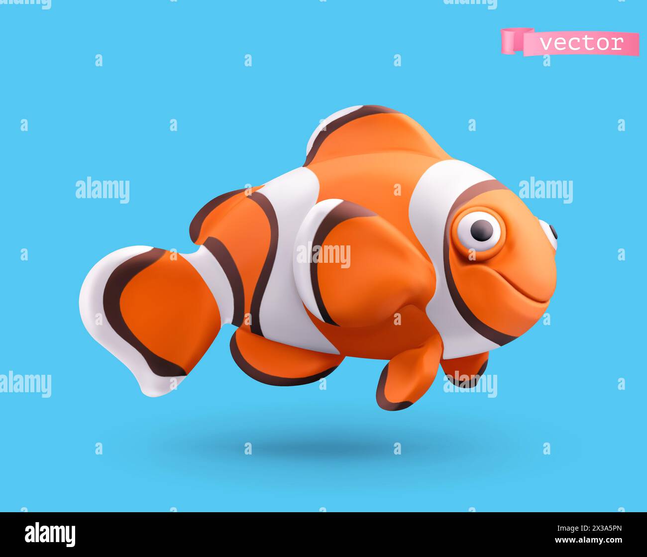 Icona vettoriale realistico 3d clownfish. Divertente personaggio dei cartoni animati di pesci piccoli Illustrazione Vettoriale