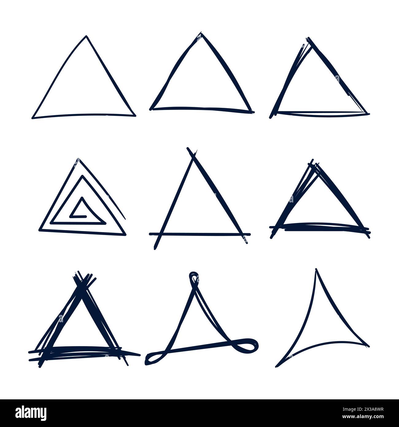 Set linee di scrittura a forma di triangolo. Set di vettori per Scribble a forma di triangolo disegnato a mano. Disegno di Doodle. Illustrazione Vettoriale