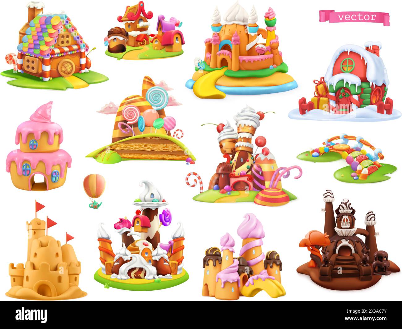 Case dolci e castelli. oggetti cartoon vettoriale 3d. Illustrazione Vettoriale