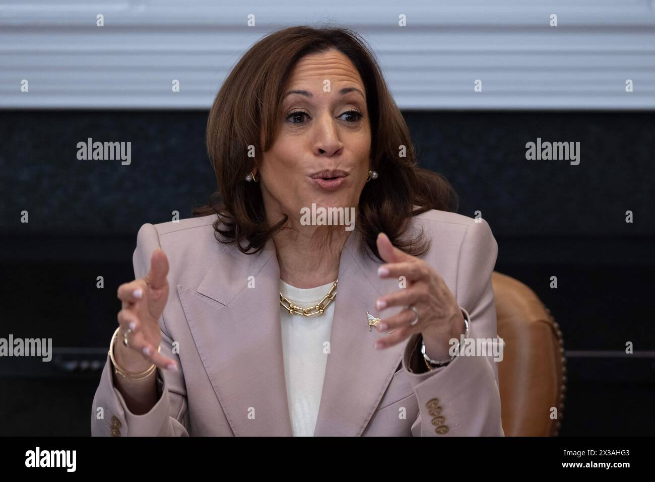 Il Vicepresidente DEGLI STATI UNITI Kamala Harris partecipa a un evento il secondo mese Chance nella sala Roosevelt della Casa Bianca a Washington, DC, USA. 25 aprile 2024. La Casa Bianca ha emesso un proclama il secondo mese di chance riguardante gli sforzi per dare più di 650.000 persone ogni anno rilasciate dalle prigioni statali e federali negli Stati Uniti “un giusto colpo al sogno americano”. Crediti: Abaca Press/Alamy Live News Foto Stock