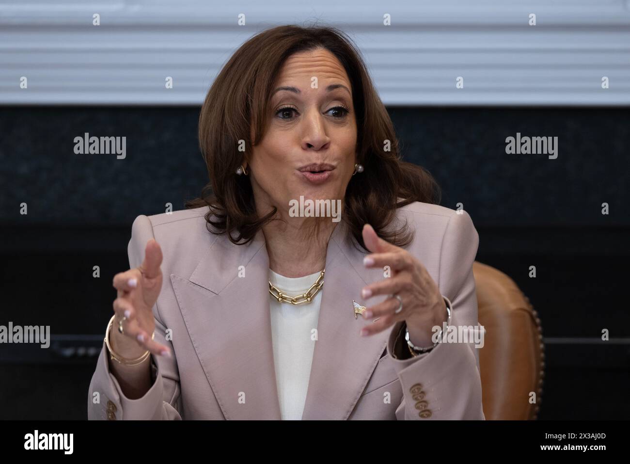 Il Vicepresidente DEGLI STATI UNITI Kamala Harris partecipa a un evento il secondo mese Chance nella sala Roosevelt della Casa Bianca a Washington, DC, USA. 25 aprile 2024. La Casa Bianca ha emesso un proclama il secondo mese di chance riguardante gli sforzi per dare più di 650.000 persone ogni anno rilasciate dalle prigioni statali e federali negli Stati Uniti Ôa equo colpo al DreamÕ americano. Crediti: SIPA USA/Alamy Live News Foto Stock