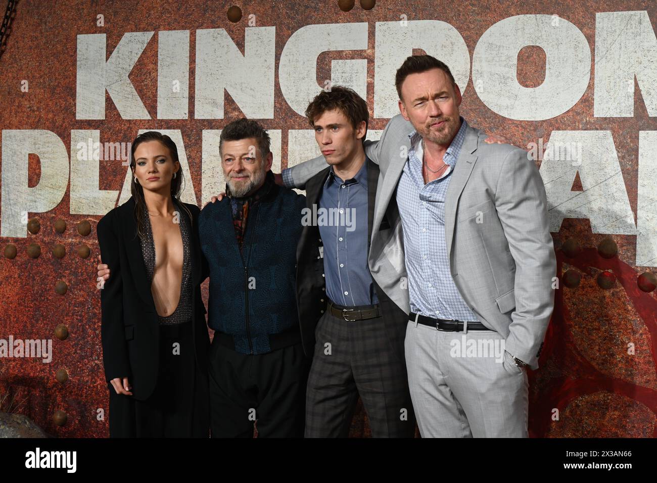 LONDRA, INGHILTERRA - APRILE 25 2024: Freya Allan, Andy Serkis, Owen Teague, Kevin Durand partecipa al Kingdom of the Planet of the Apes al BFI IMAX di Londra, Regno Unito. Foto Stock