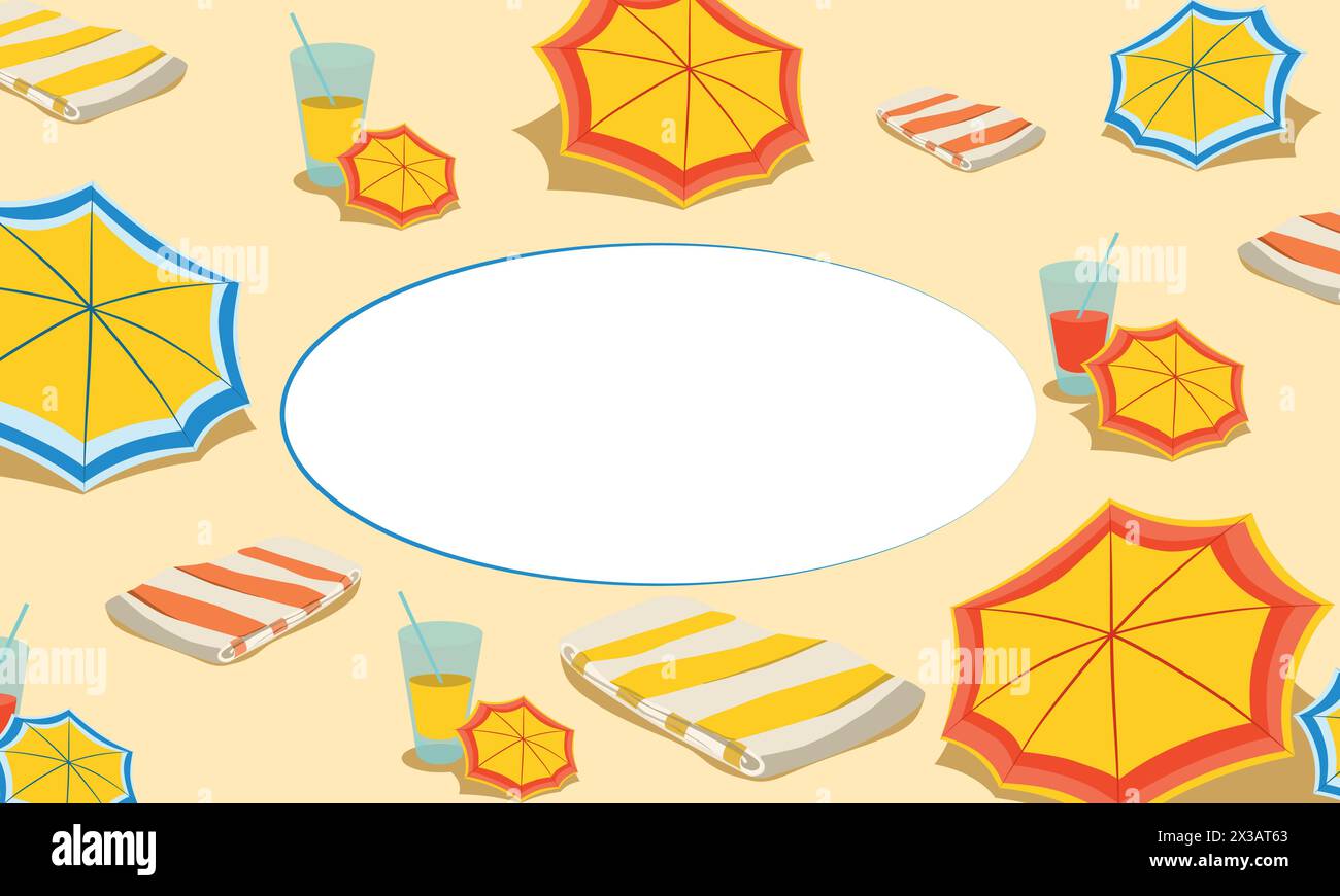 Cartolina estiva sulla spiaggia. Ombrellone e asciugamano da spiaggia con bevanda in vetro su sabbia. Design piatto. Sfondo estivo. Posiziona per testo. Illustrazione vettoriale Illustrazione Vettoriale