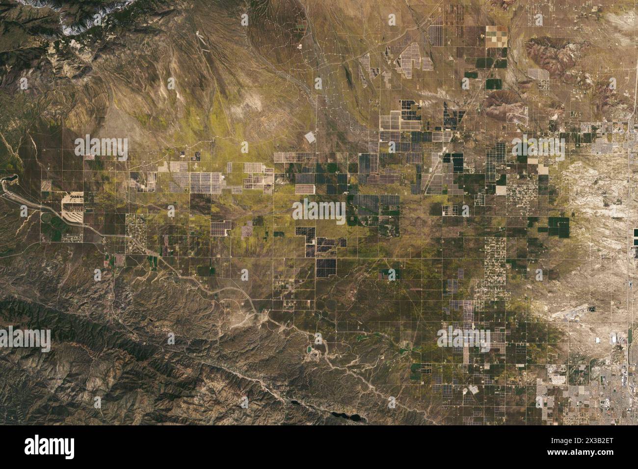 California, Stati Uniti. 9 aprile 2024. Vicino alla punta occidentale del deserto del Mojave e a pochi chilometri a ovest del centro di ricerca Armstrong Flight Research della NASA, campi di fiori selvatici hanno dipinto il paesaggio di giallo nella primavera del 2024. Il 9 aprile, gli oli (Operational Land Imager) sul satellite Landsat 8 acquisirono questa immagine di campi di fiori selvatici gialli che ricoprono Antelope Valley tra parchi solari ed eolici. Il giorno dopo l'acquisizione dell'immagine, l'Antelope Valley California Poppy Reserve riferì che i fiori selvatici stavano "spuntando", ma i famosi papaveri della regione non lo erano. I Rangers della riserva hanno detto che hanno visto anche molto Foto Stock