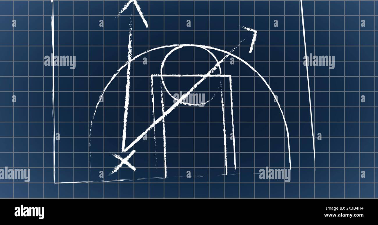 Immagine di freccia e x con cerchi sul campo sportivo su griglia su sfondo nero Foto Stock