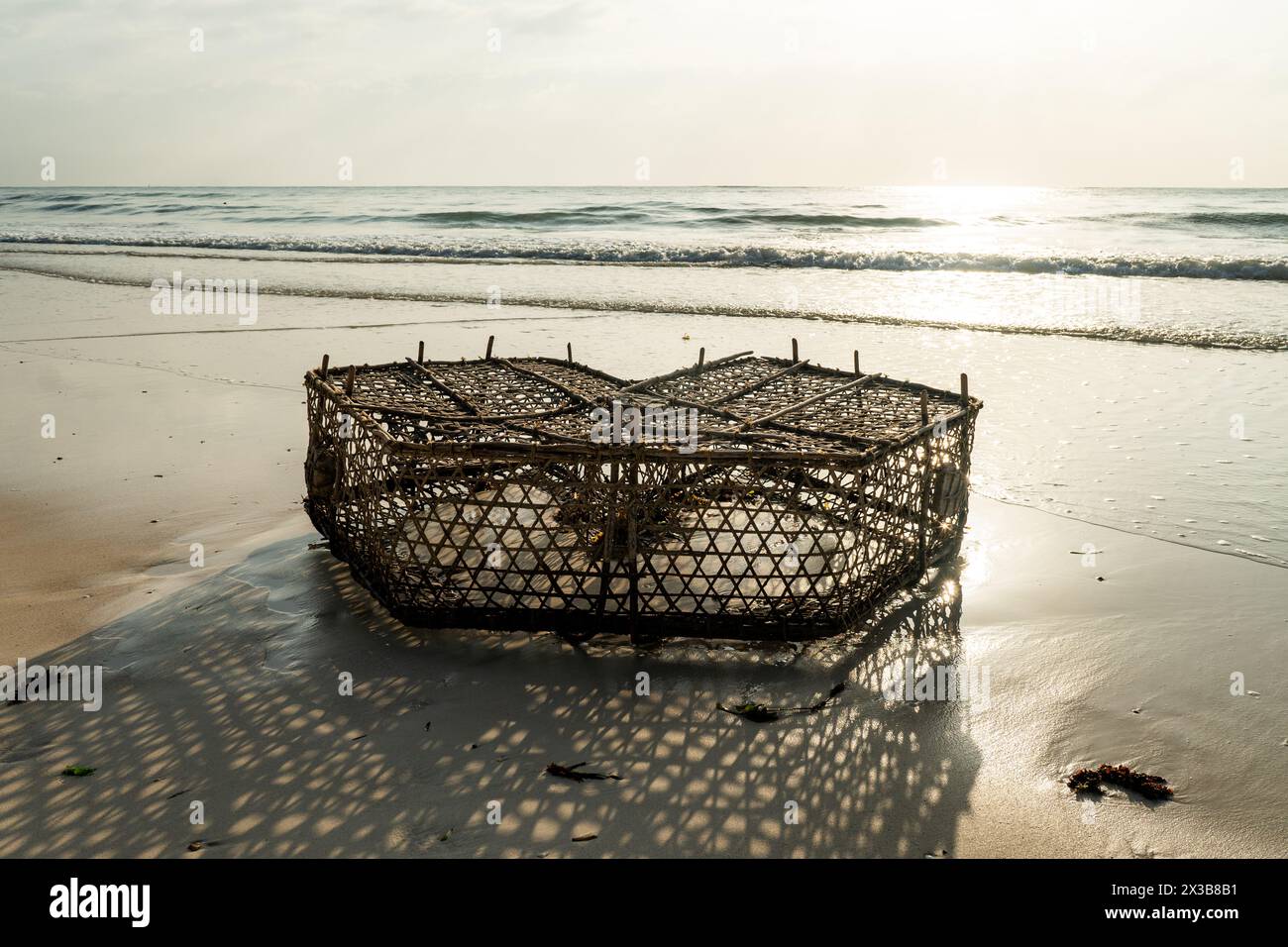 Vecchia gabbia da pesca nell'acqua del Mar dei Caraibi sotto il cielo tropicale blu. Pesca in gabbia e bassa marea nelle Antille francesi. Trappola da pesca africana per gatto Foto Stock