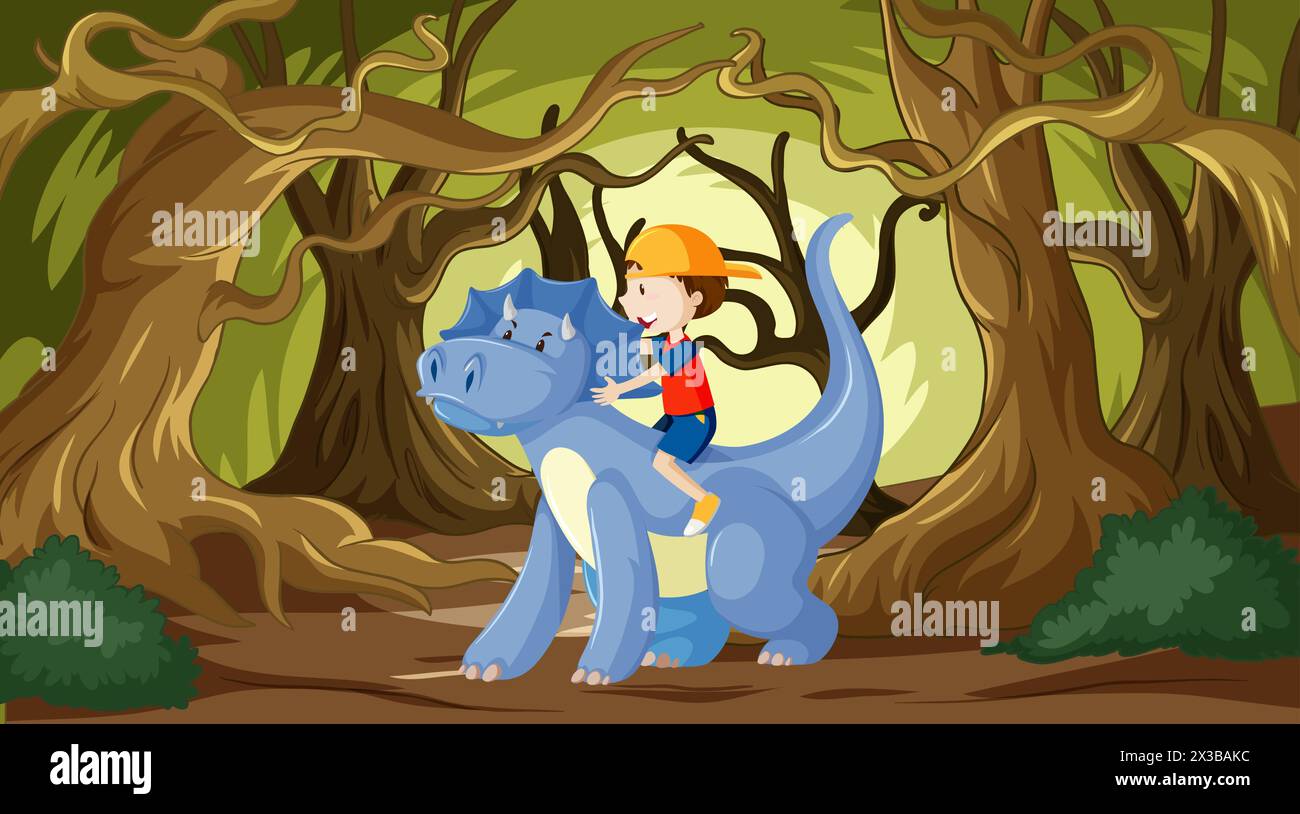 Un ragazzino cavalca un amichevole drago blu nei boschi. Illustrazione Vettoriale