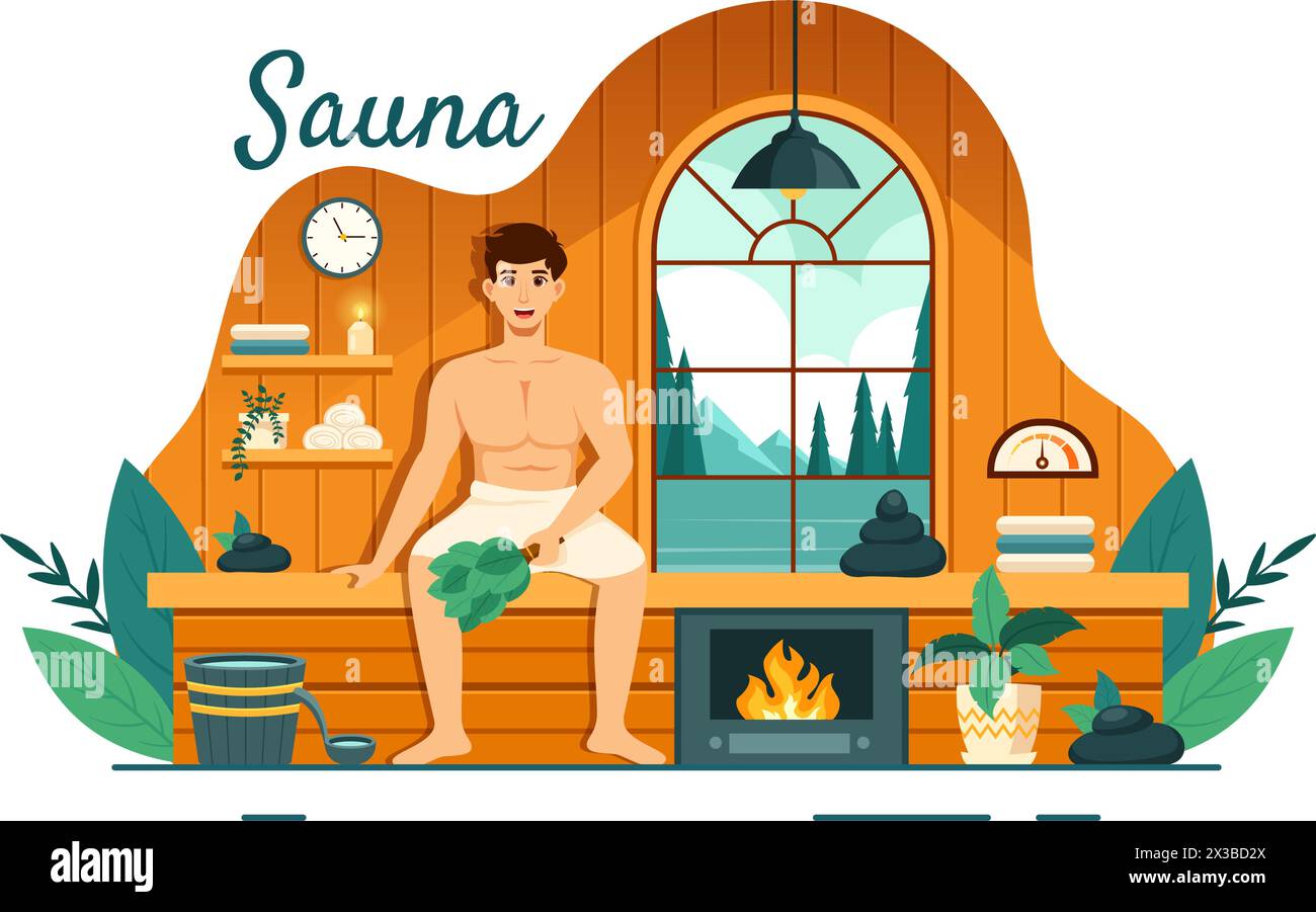 Sauna e bagno turco illustrazione vettoriale con le persone che si rilassano, lavano il corpo o si godono del tempo con il design di fondo del cartone animato piatto Illustrazione Vettoriale