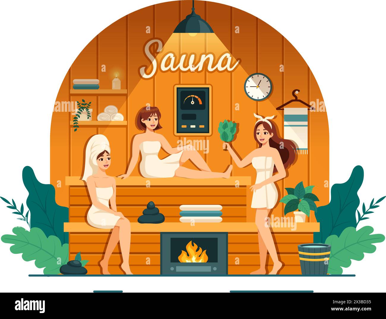 Sauna e bagno turco illustrazione vettoriale con le persone che si rilassano, lavano il corpo o si godono del tempo con il design di fondo del cartone animato piatto Illustrazione Vettoriale