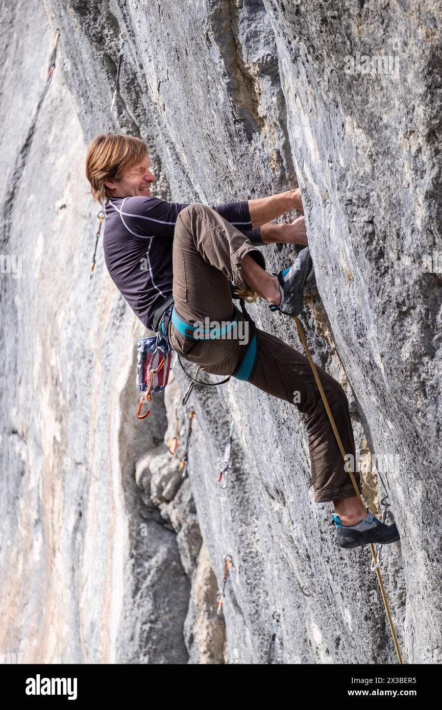 Natura, montagne, arrampicata, roccia, free climbing, arrampicata sportiva, Alpi, Lenggries, Baviera Foto Stock