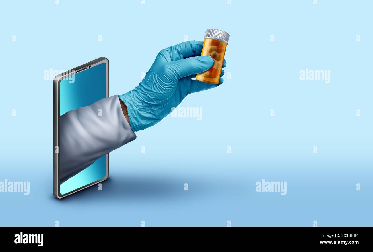 Medicina online o servizi di farmacia Internet come farmacista o medico web e servizio sanitario medico o assistenza sanitaria digitale per l'acquisto e la consegna Foto Stock