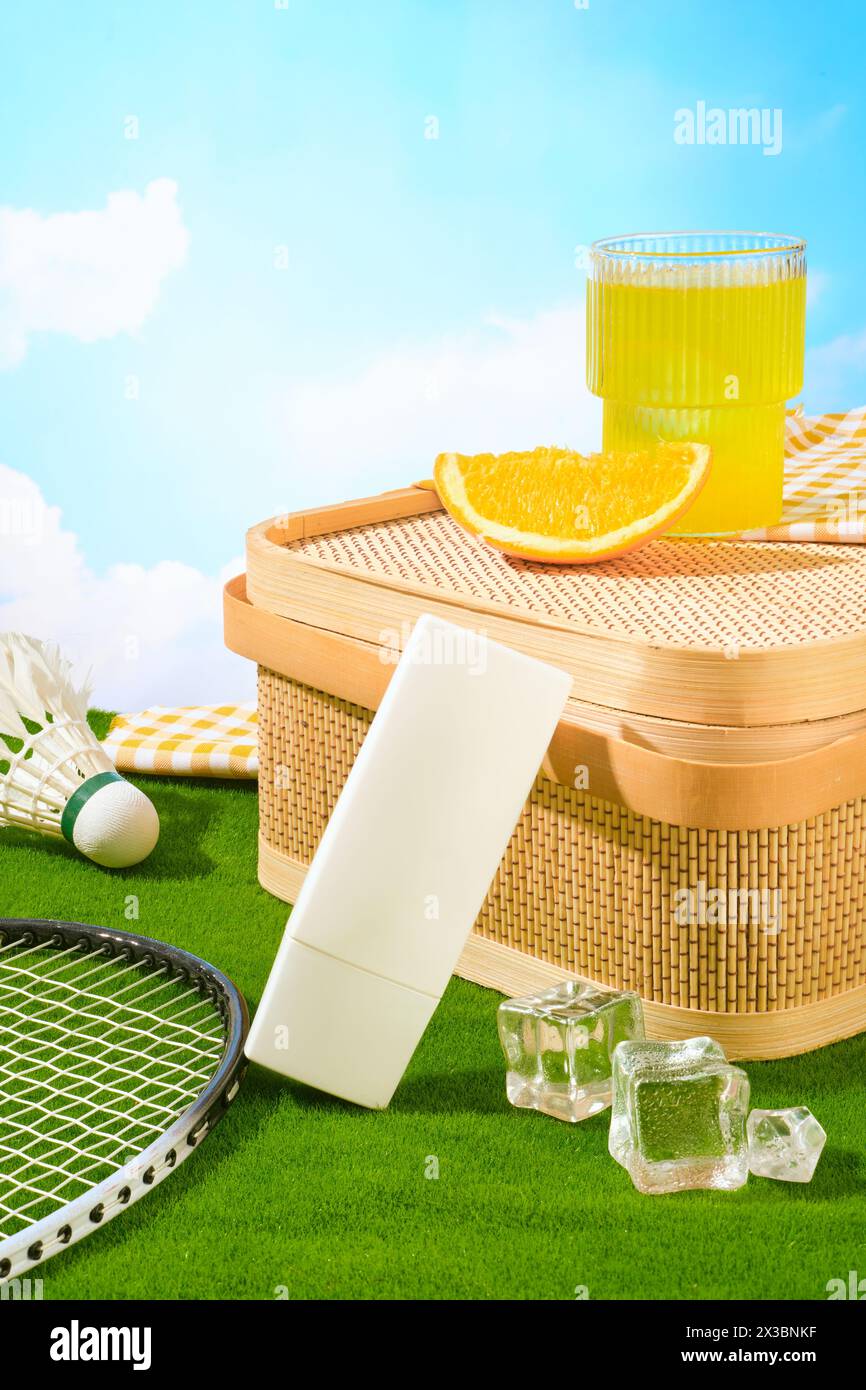 Una bottiglia di colore bianco si appoggia su un cestello di bambù con una fetta di arancia e una tazza di succo d'arancia. Superficie erbosa. Una racchetta e una navicella Foto Stock