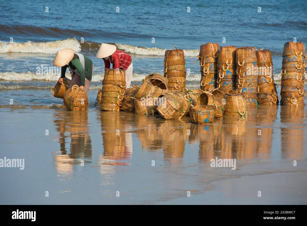 Donne con cappelli di paglia sulla spiaggia che puliscono i cesti per i pesci appena pescati e i frutti di mare, vicino al mare vicino a Mui ne, Phan Thiet, Vietnam Foto Stock
